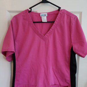 ScrubStar Bright Pink Scrub top with black stretch sides Sz. L